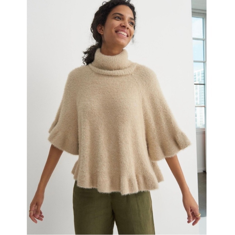 Anthropologie Beige Ruffle Hem Fuzzy Knit Turtleneck Poncho Sweater